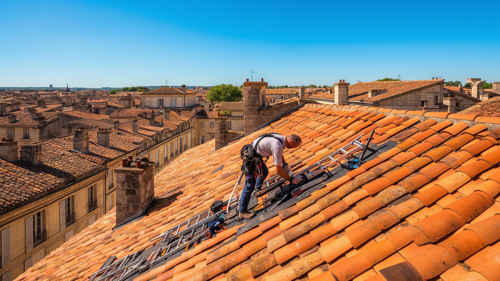 Couvreur au travail sur les toits en tuiles de Bordeaux